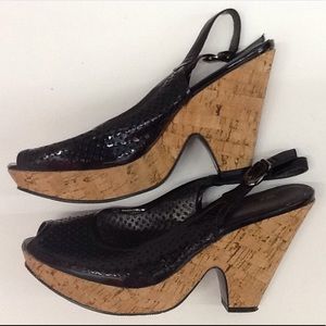 Boot Queen Black Peep Toe Cork Heel Platforms Size EU 40